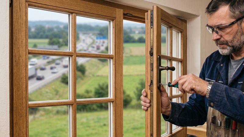 Fachmann stellt einen Fenstergriff und Beschlag ein