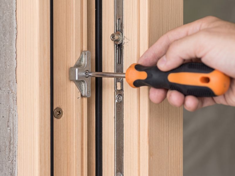 Handwerker justiert einen Fensterbeschlag