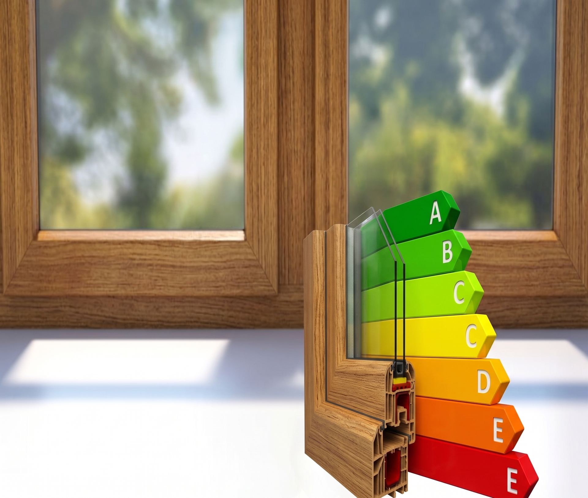 Fensterprofil mit Energieeffizienz-Skala von A bis E