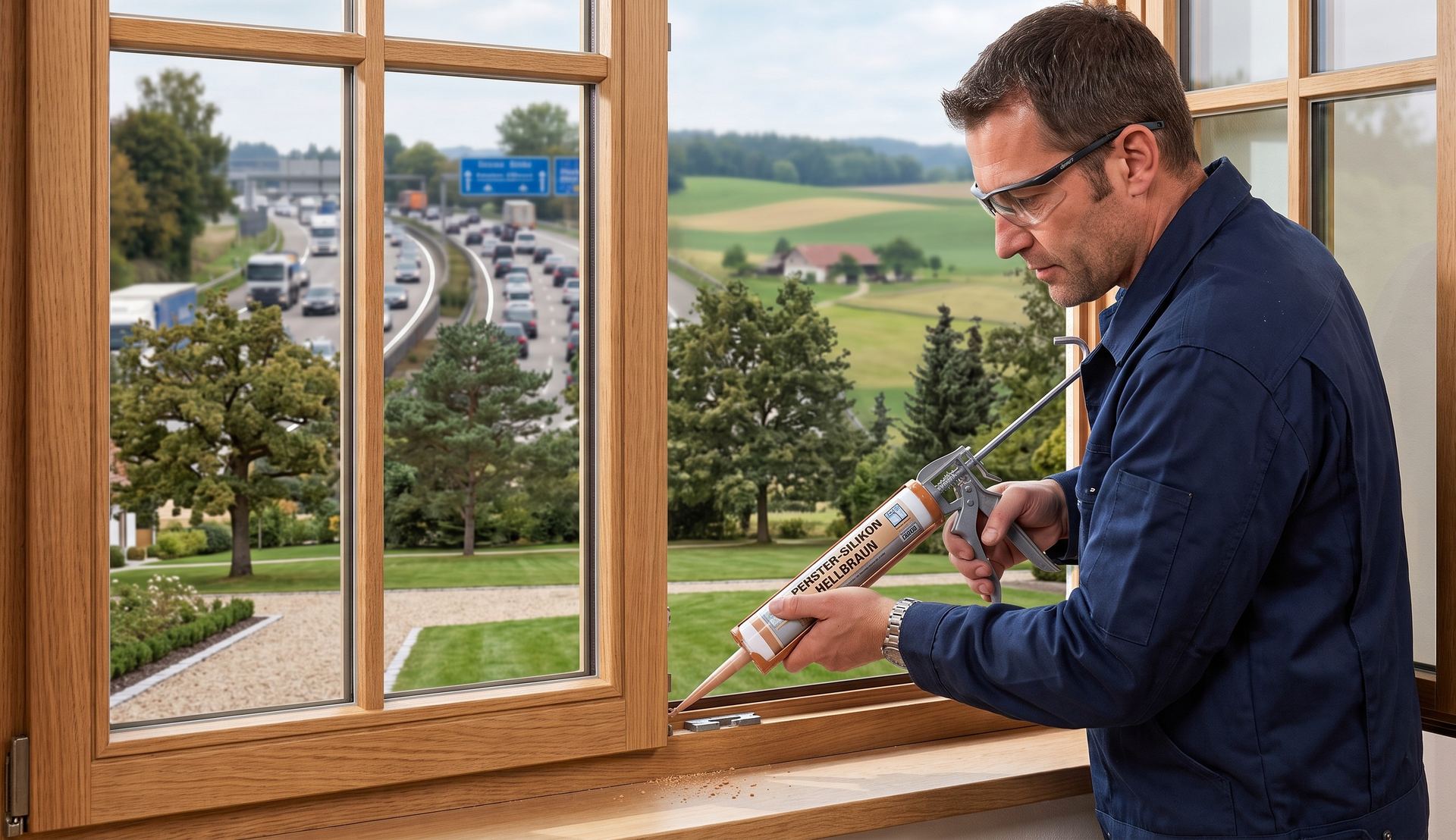 Fachmann bringt eine Spritzdichtung an einem Holzfenster an