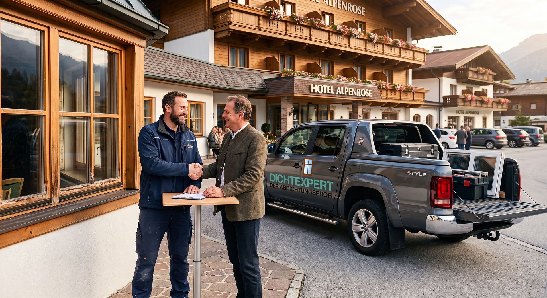 Handschlag vor einem Hotel nach erfolgreicher Fensterabdichtung